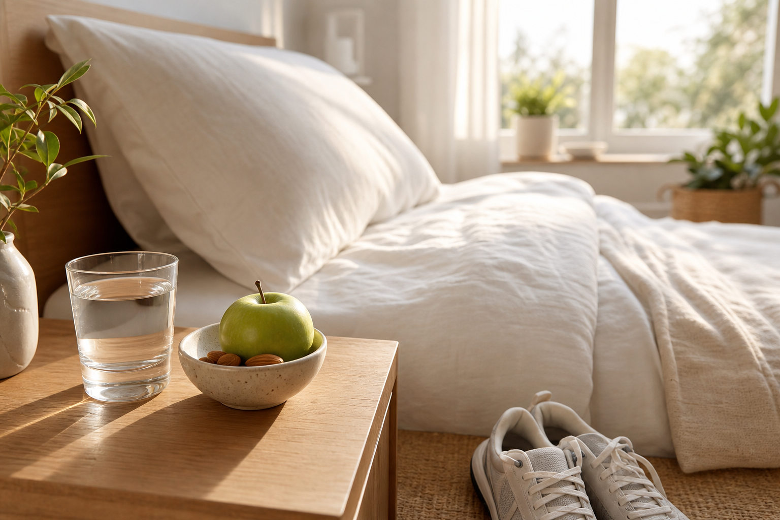 A high-quality editorial photograph capturing a bright, minimalist bedroom at dawn, symbolizing a balanced and healthy lifestyle. Soft, golden morning light streams through a window, illuminating a neatly made bed with white linen sheets. On a simple wooden nightstand next to the bed sits a clear glass of water and a small ceramic bowl containing a fresh green apple and a handful of almonds. On the floor beside the bed, a pair of clean walking sneakers is positioned neatly, ready for the day. The composition is serene and airy, using a shallow depth of field to focus on these small, intentional details that represent sleep, nutrition, and movement. The color palette is composed of soft neutrals, greens, and warm sunlight.