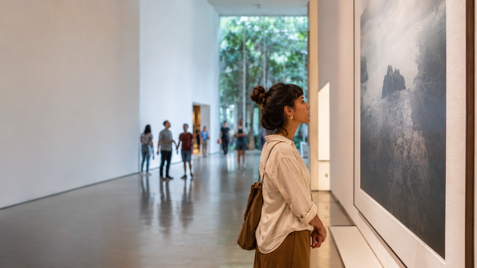 Mulher observa uma obra em uma exposição de fotografia durante um passeio cultural.