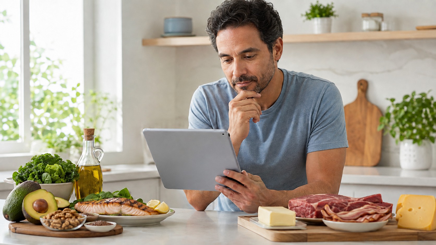 Homem na mesa olhando um tablet com alguns alimentos lowcarb de um lado e outros com mais carboidratos do outro da mesa.